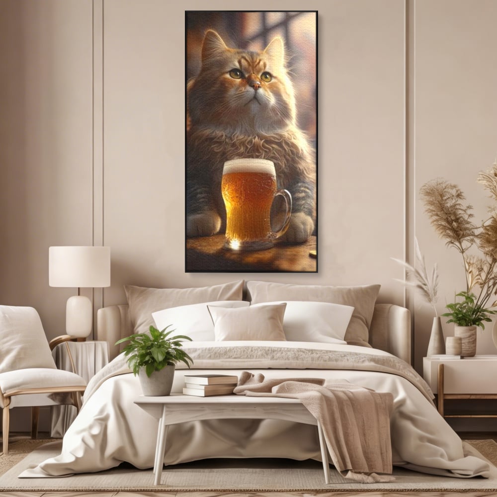 Tablou canvas cu tablou canvas cu motan pufos si halba de bere, in rama de aluminiu negru, pe perete intr-un dormitor